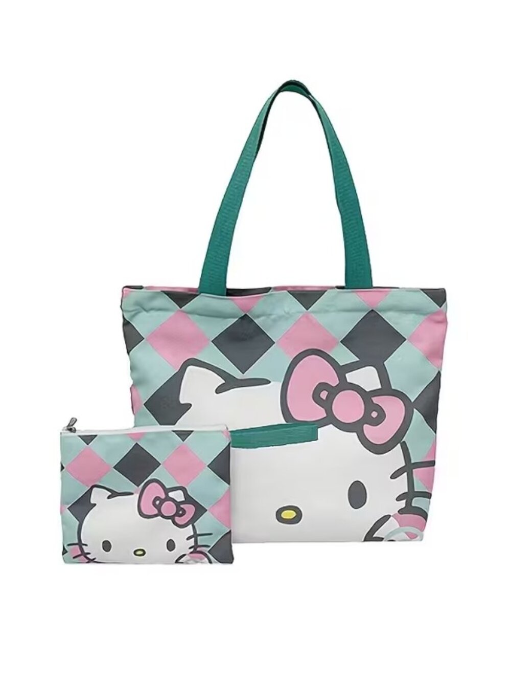 Sanrio Hello Kitty Teal Pink Black Diamond-Print Tote with Coin Pouch